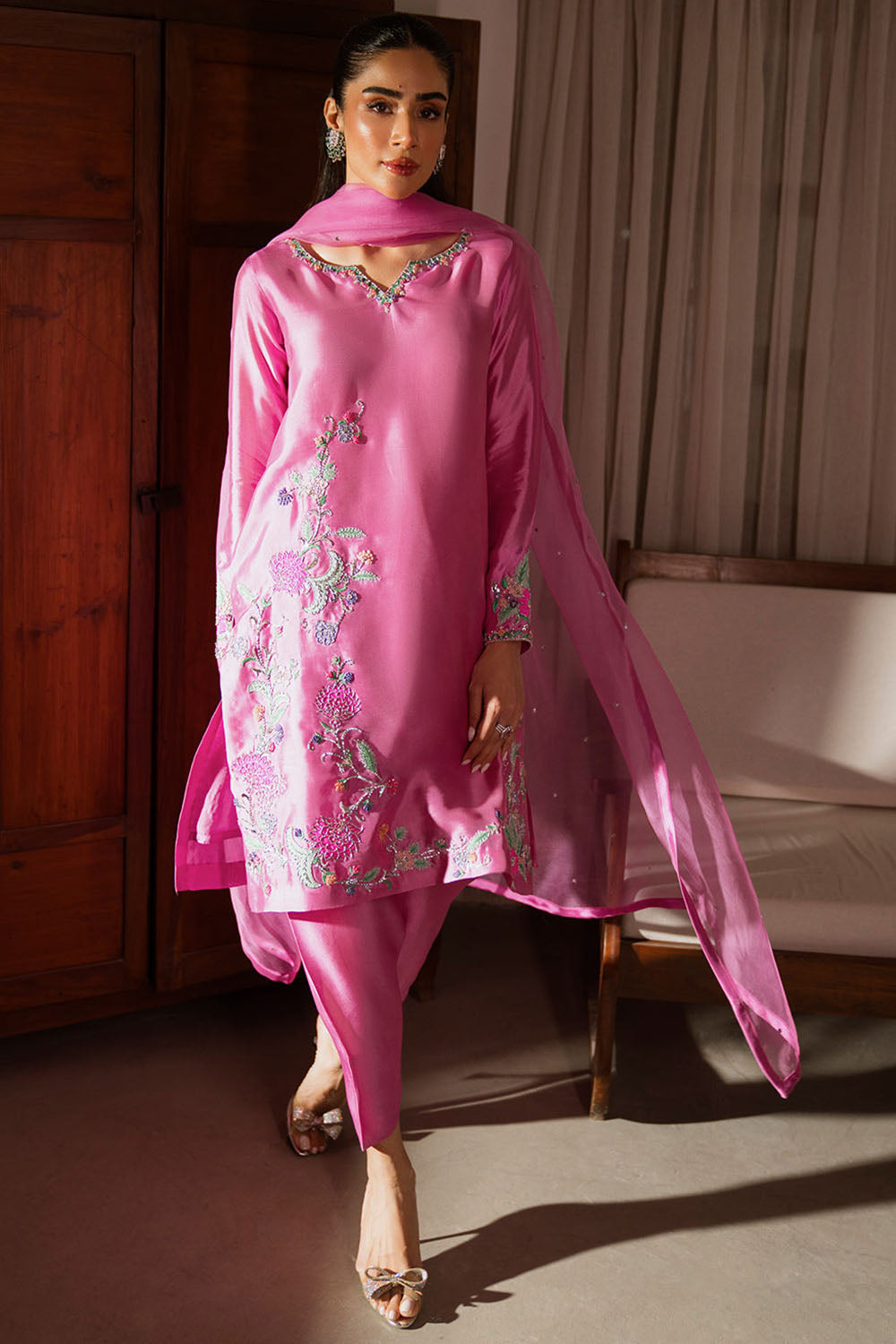 Pink Embroidered Silk Kurta Set with Dupatta