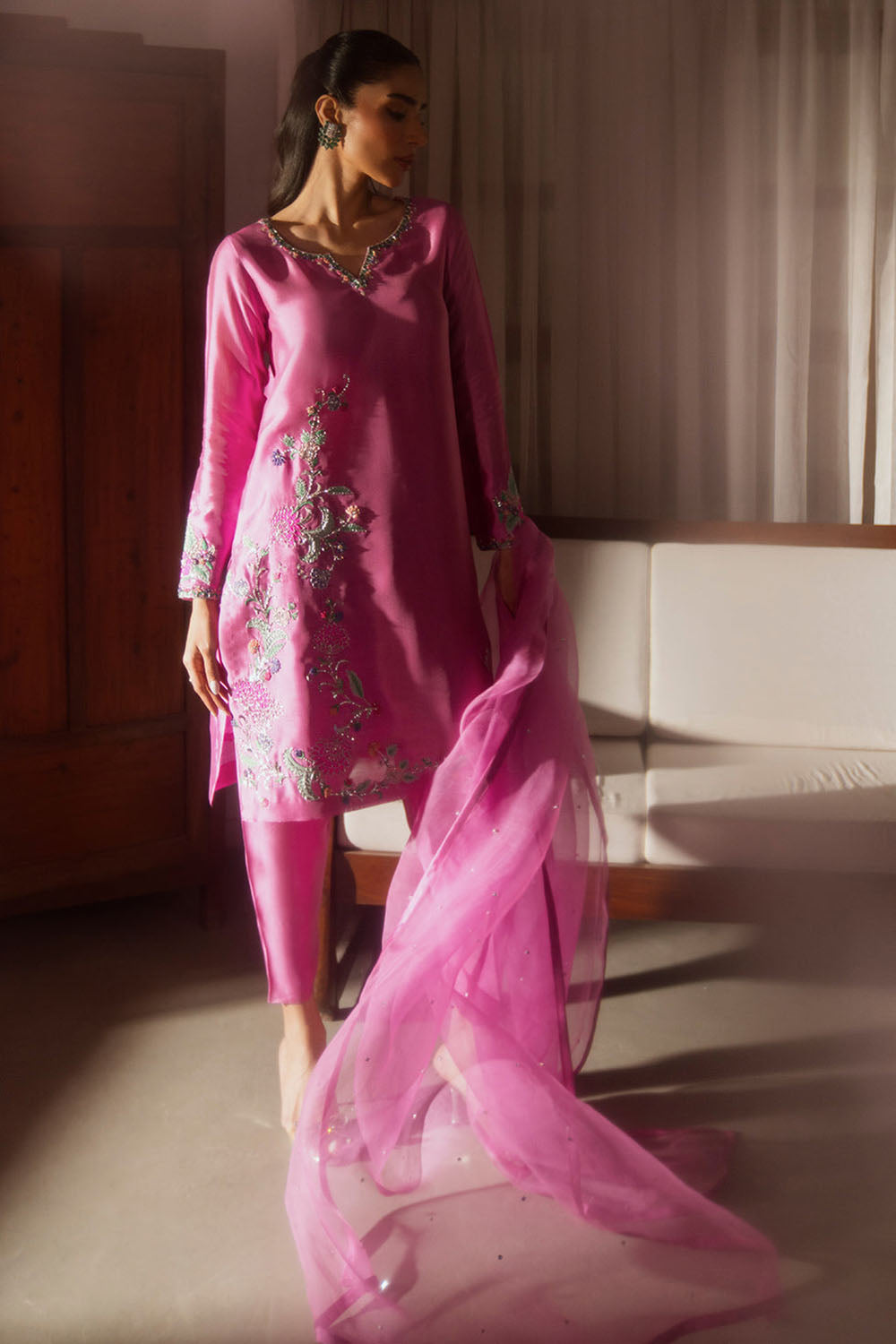 Pink Embroidered Silk Kurta Set with Dupatta