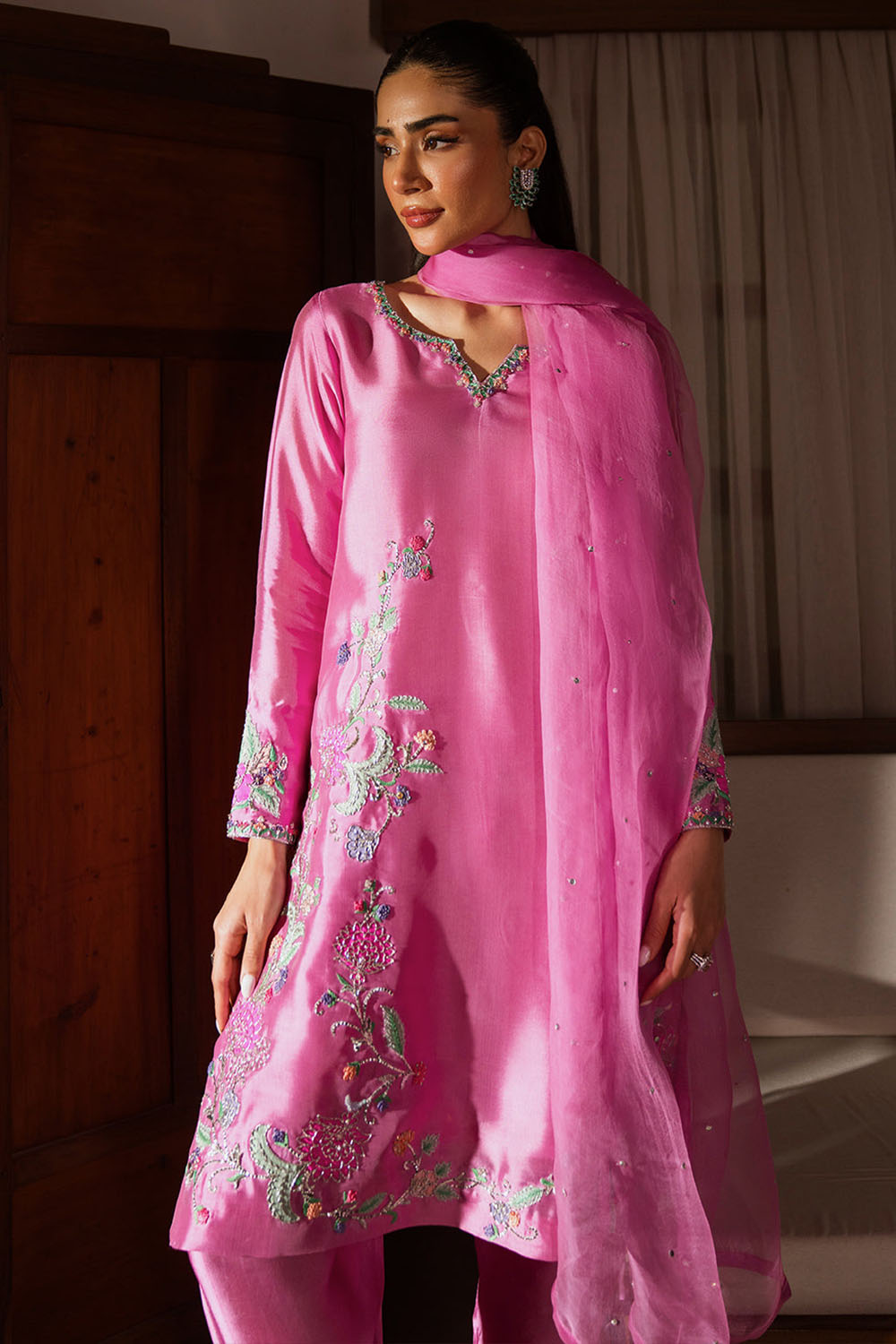 Pink Embroidered Silk Kurta Set with Dupatta