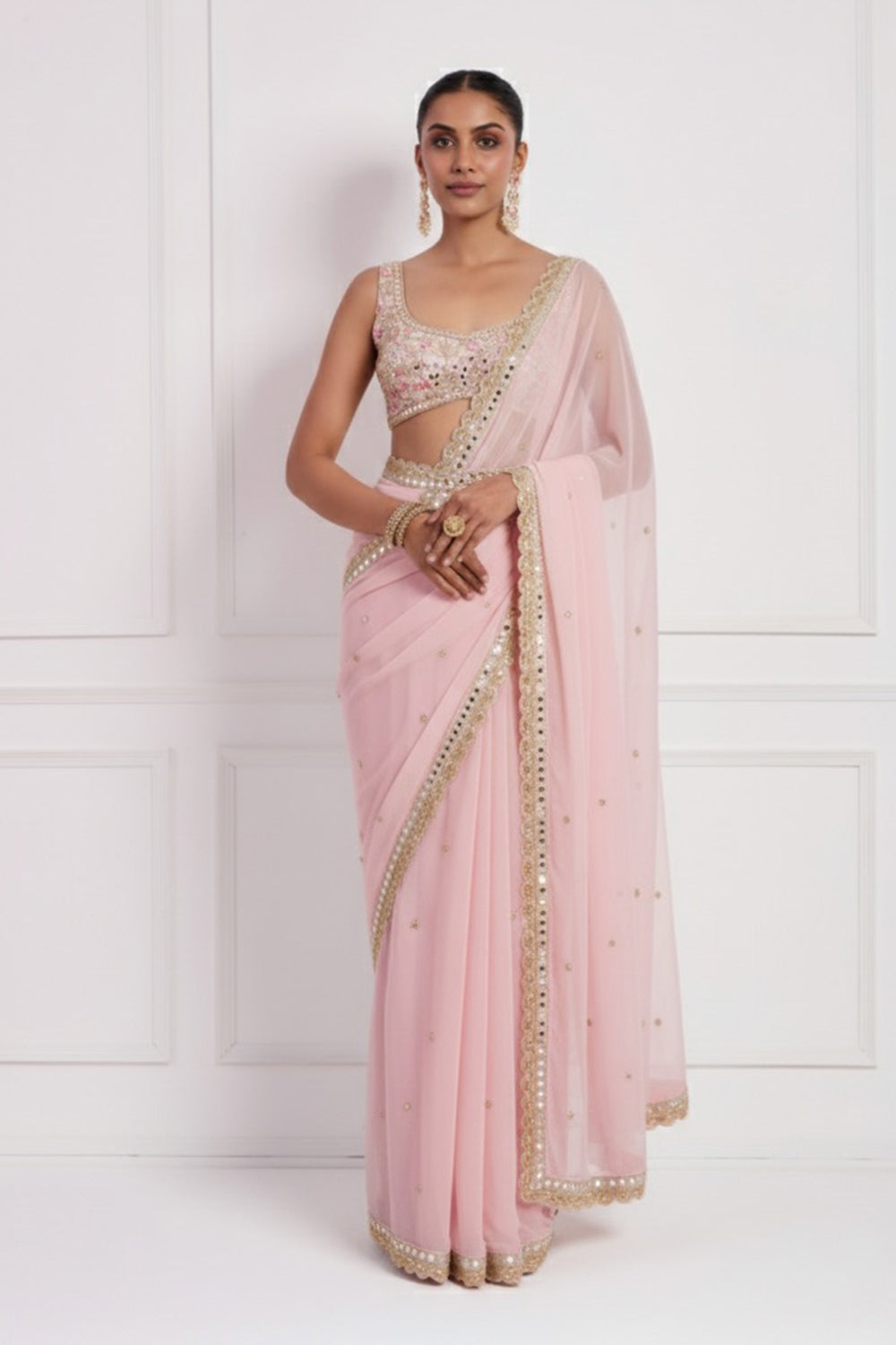 Pink Hand Embroidered Saree Set