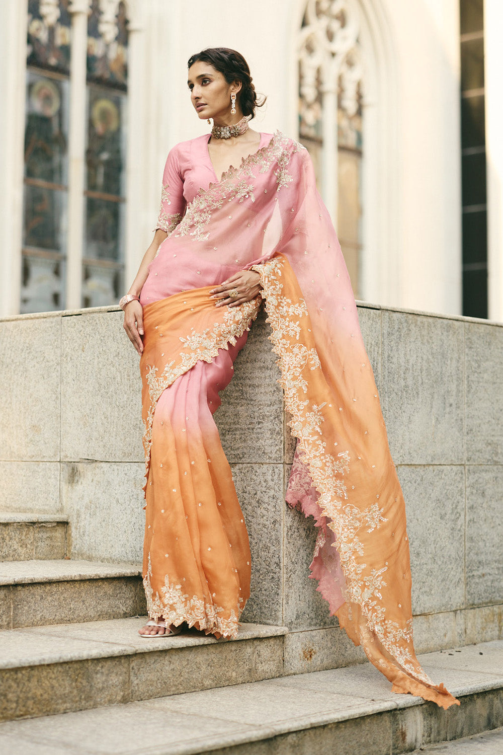 Pink Orange Ombree Vajra Saree Set