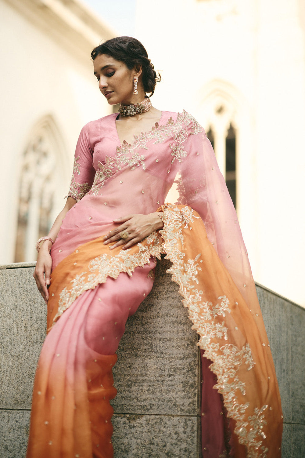 Pink Orange Ombree Vajra Saree Set