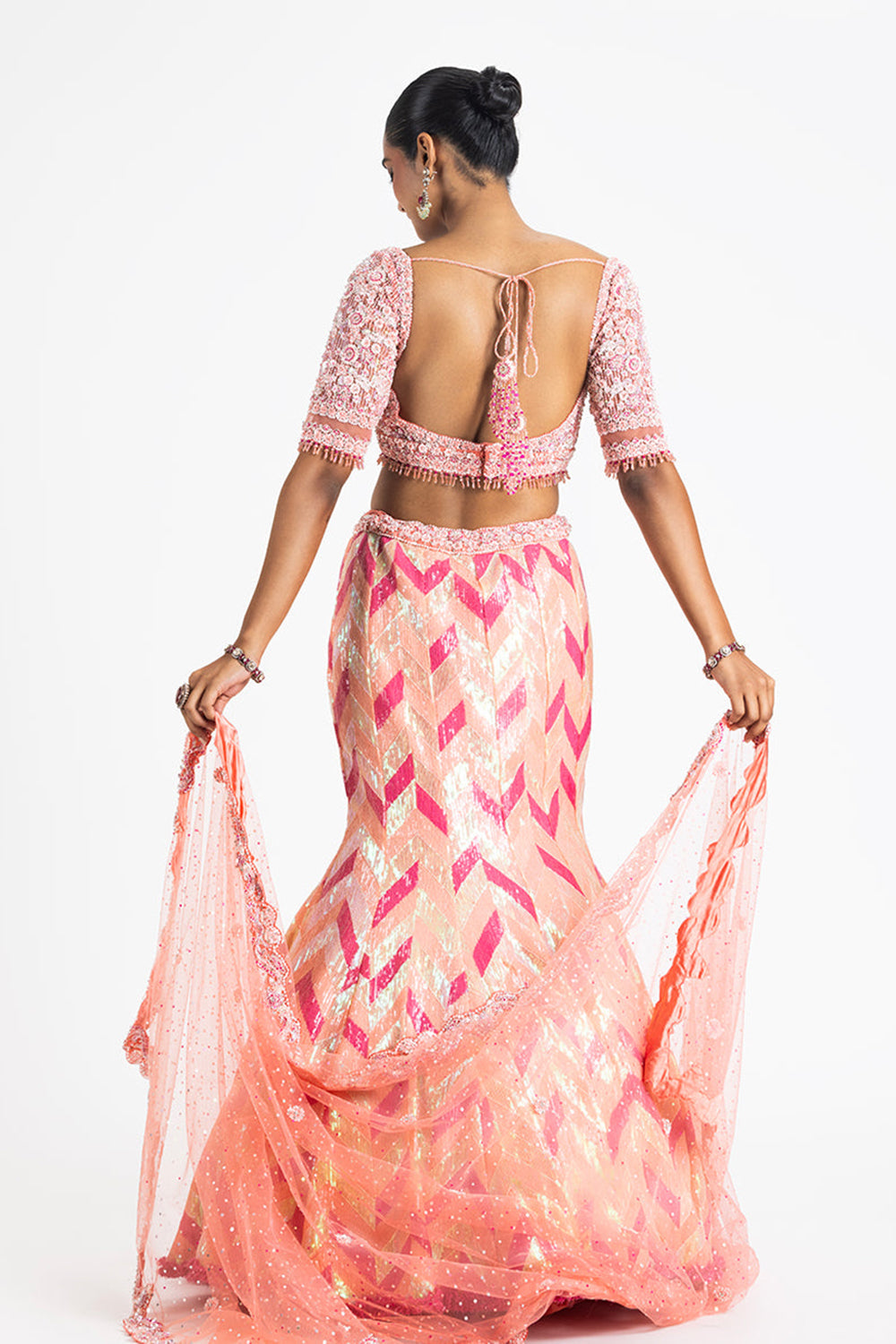 Pink Sequinned Fishtail Lehenga In Zig Zag Pattern With Blouse And Net Dupatta