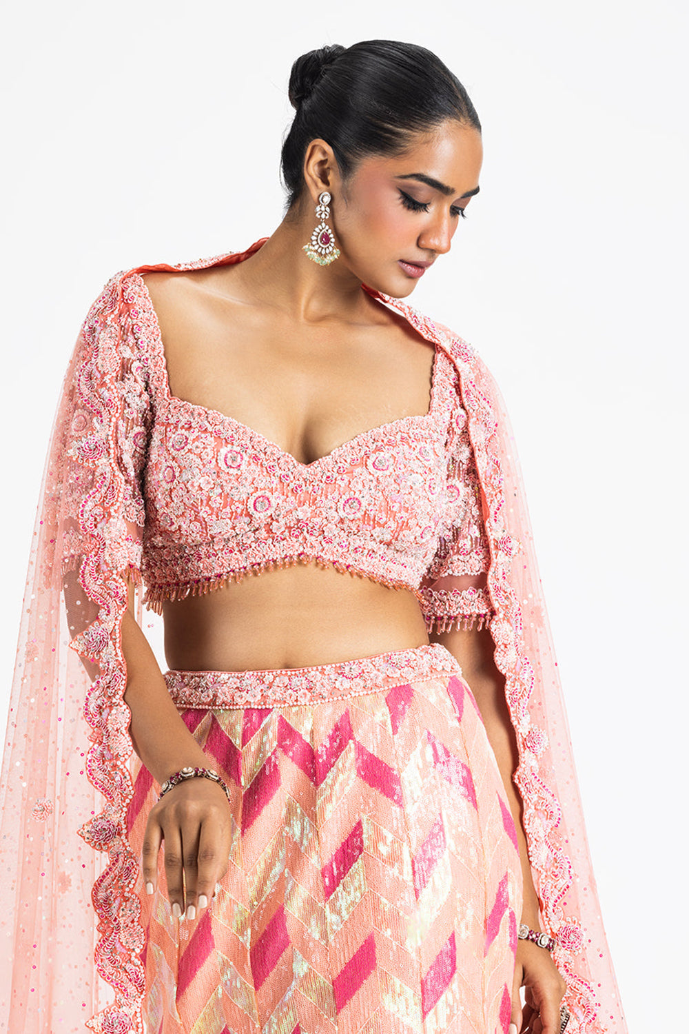Pink Sequinned Fishtail Lehenga In Zig Zag Pattern With Blouse And Net Dupatta