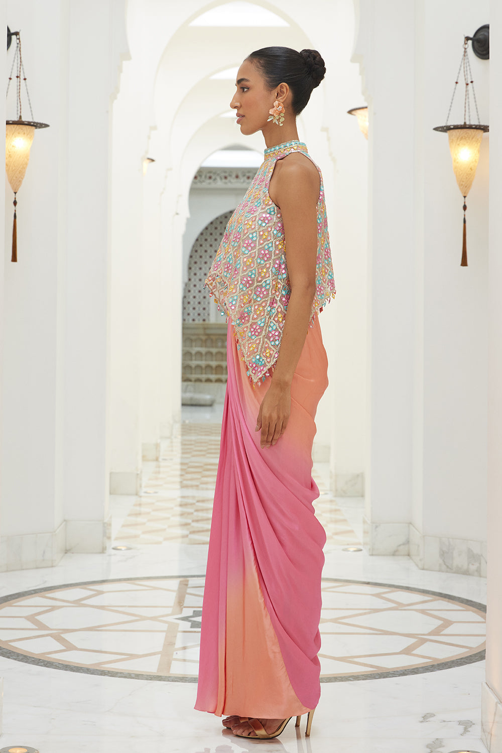 Pink To Peach Ombrey Shaeded Satin Skirt Set