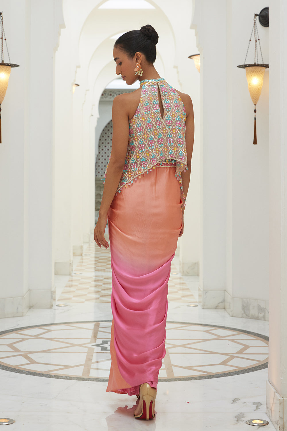 Pink To Peach Ombrey Shaeded Satin Skirt Set