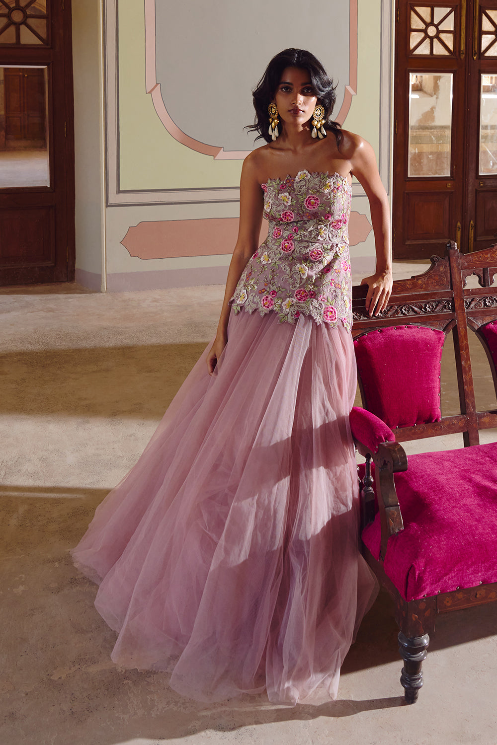 Pink Umang Tube Peplum Top With Skirt