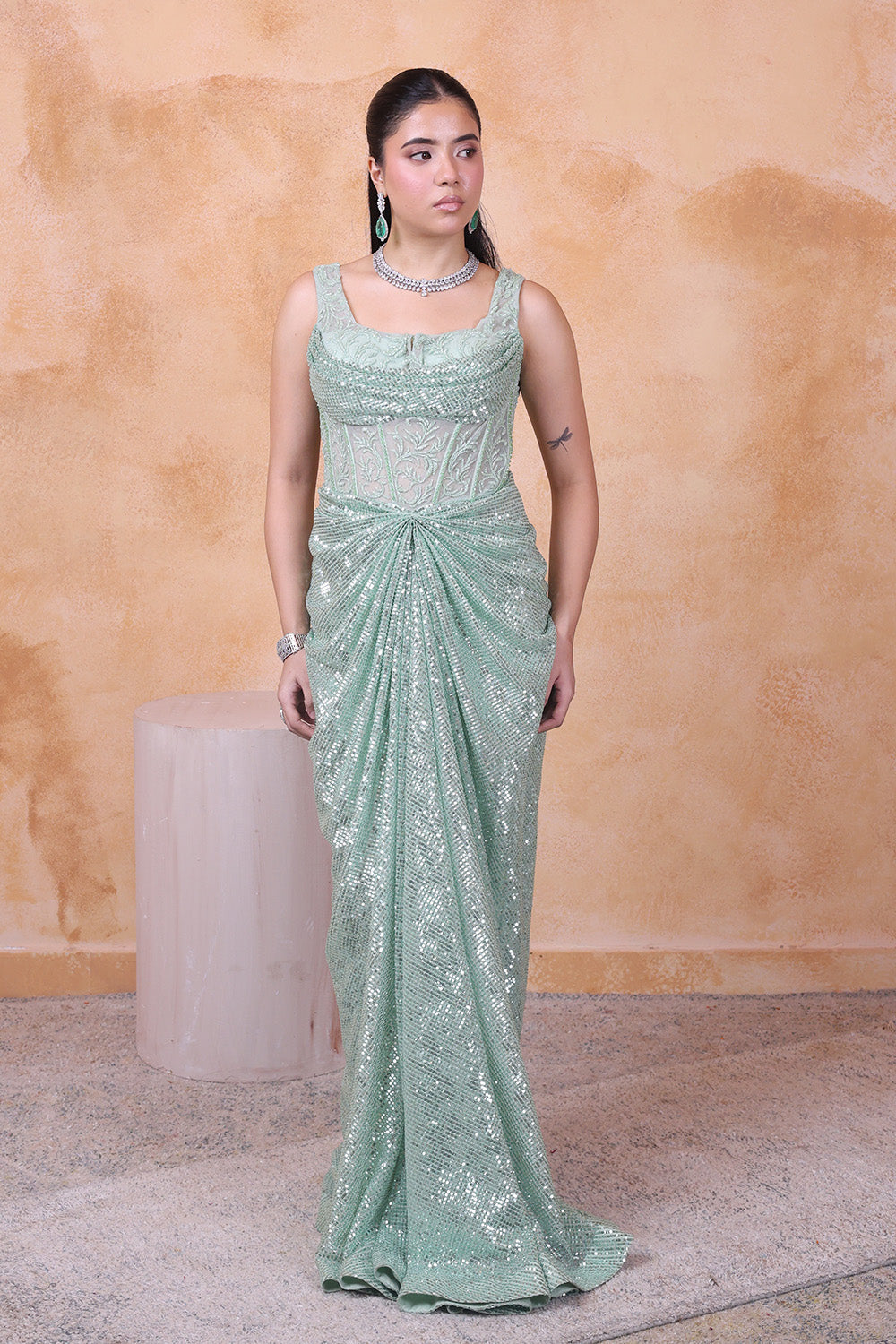 Pista Green Corset Embellished Gown