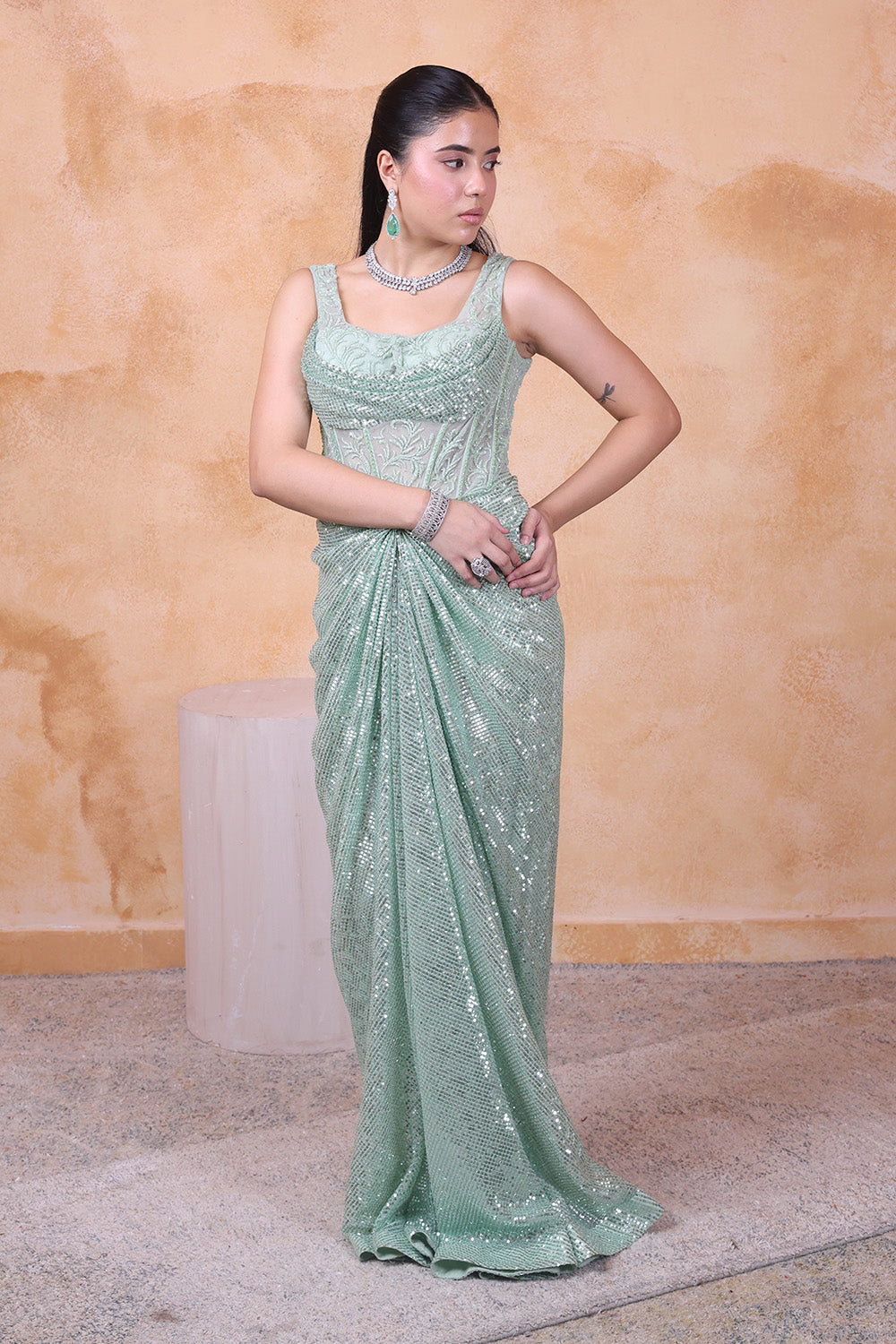 Pista Green Corset Embellished Gown