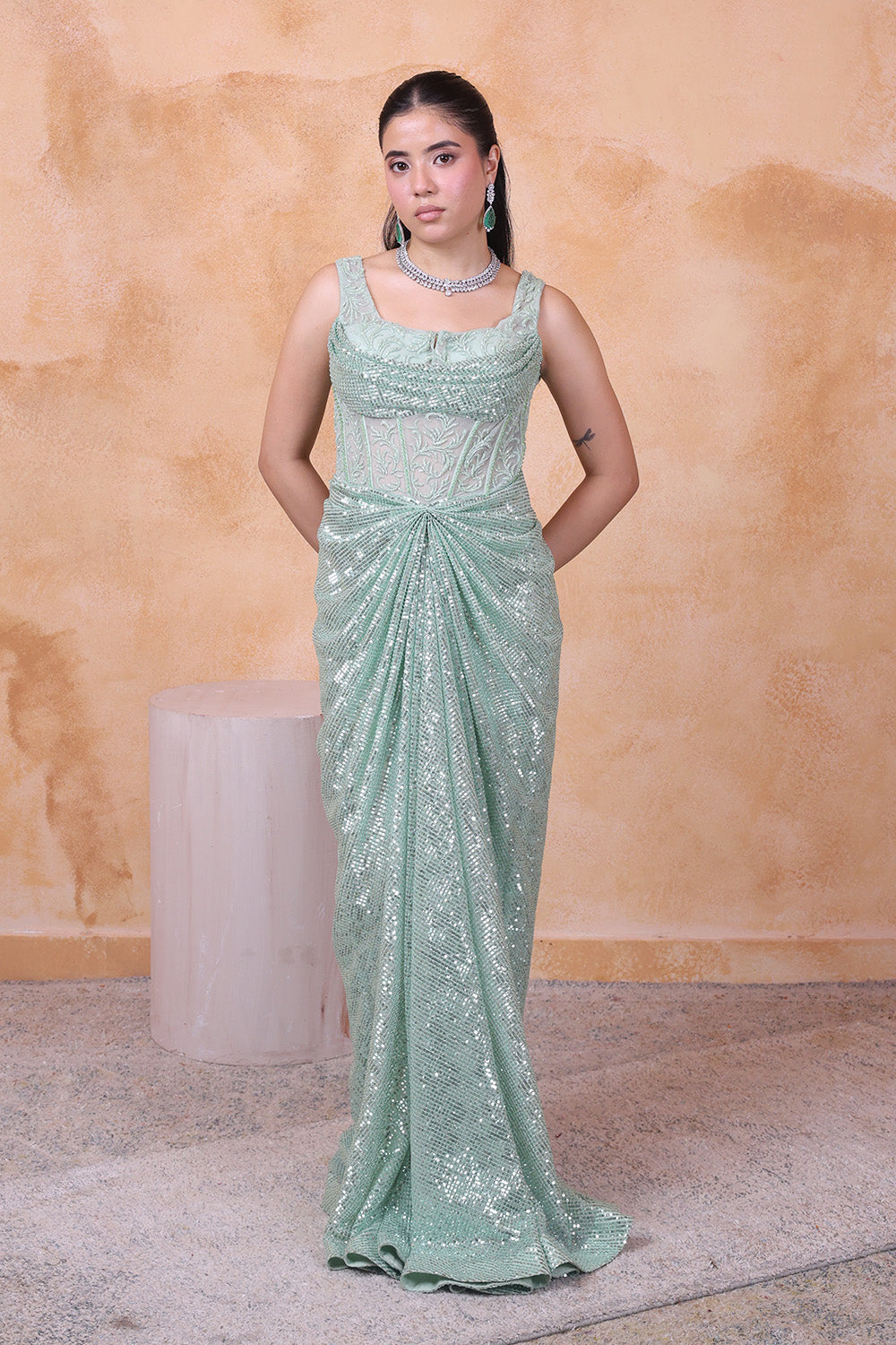 Pista Green Corset Embellished Gown