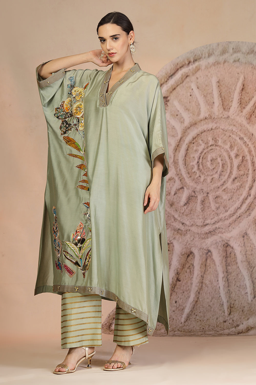 Pista Green Embroidered Kurta Set with Horizontal Stripe Pants in Muslin Silk