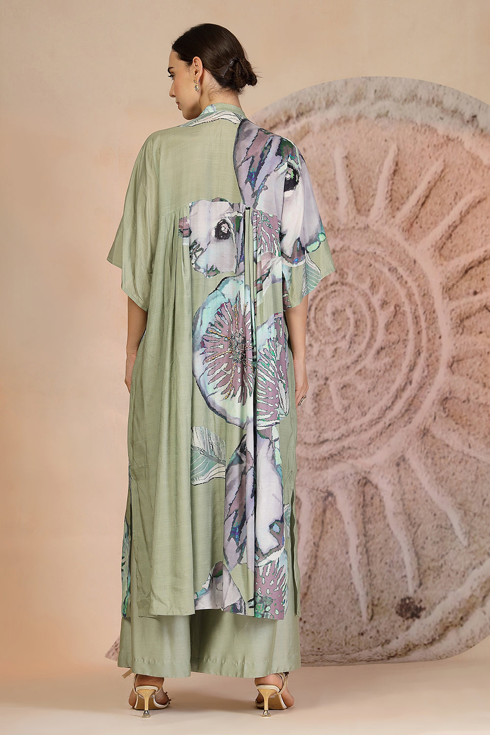 Pista Green Muslin Silk Kurta Set with Coral Print & Bead Embroidery
