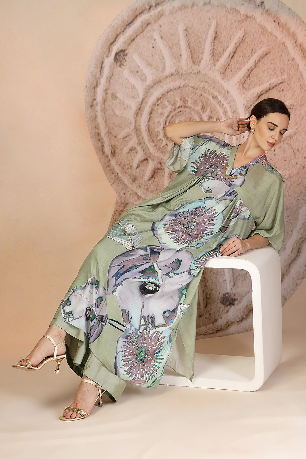 Pista Green Muslin Silk Kurta Set with Coral Print & Bead Embroidery