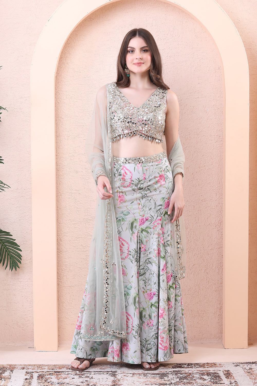 Pistachio Green Paneled Lehenga Set