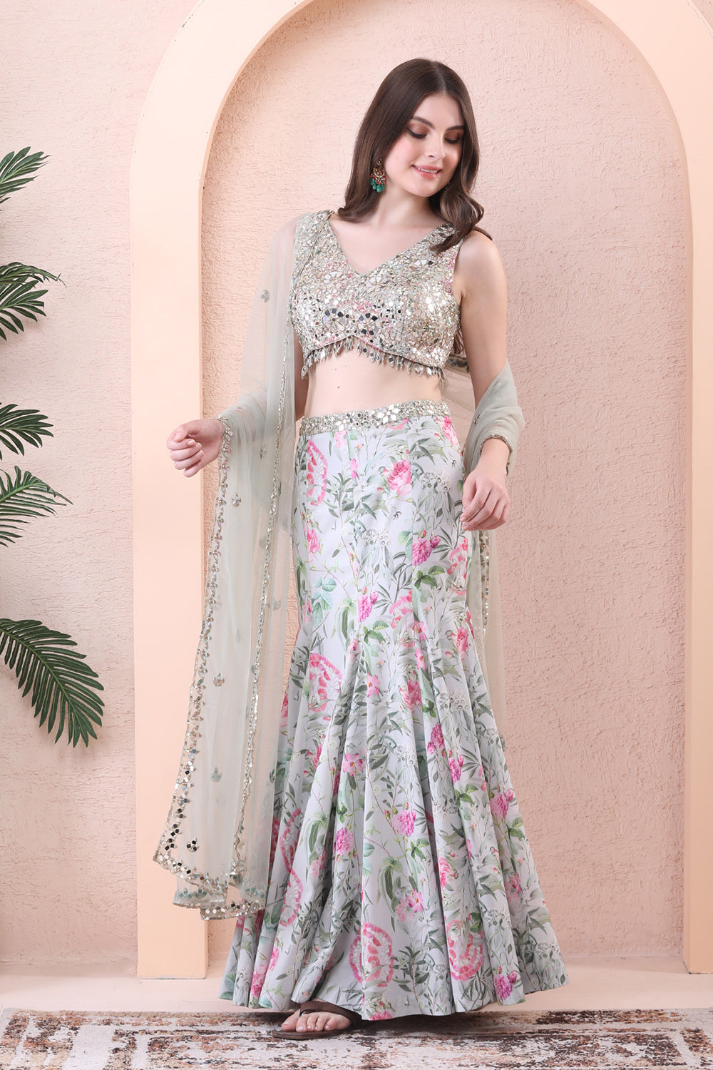 Pistachio Green Paneled Lehenga Set