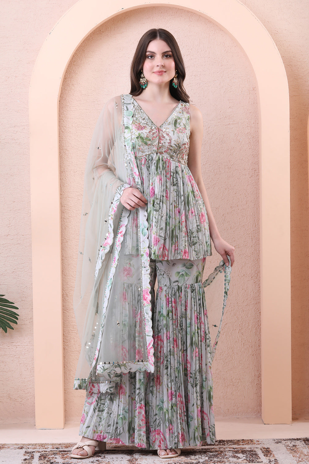 Pistachio Green Printed Pleated Sharara Set