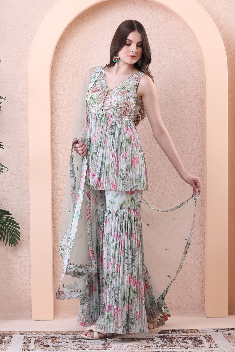 Pistachio Green Printed Pleated Sharara Set