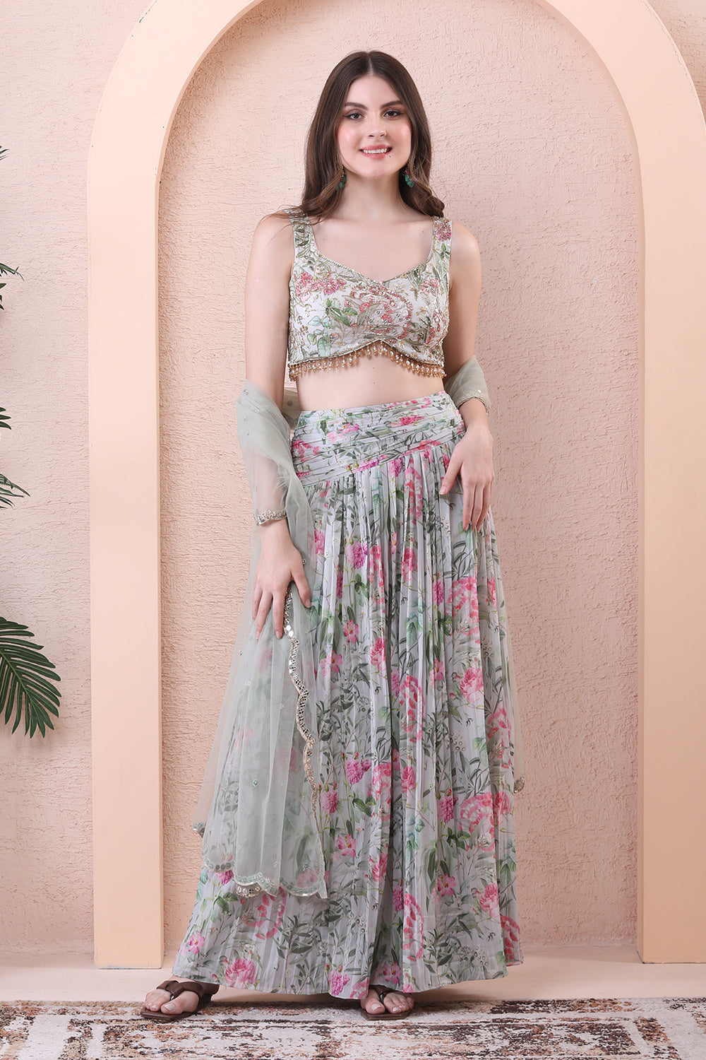 Pistachio Green Printed Pleated Skirt Set