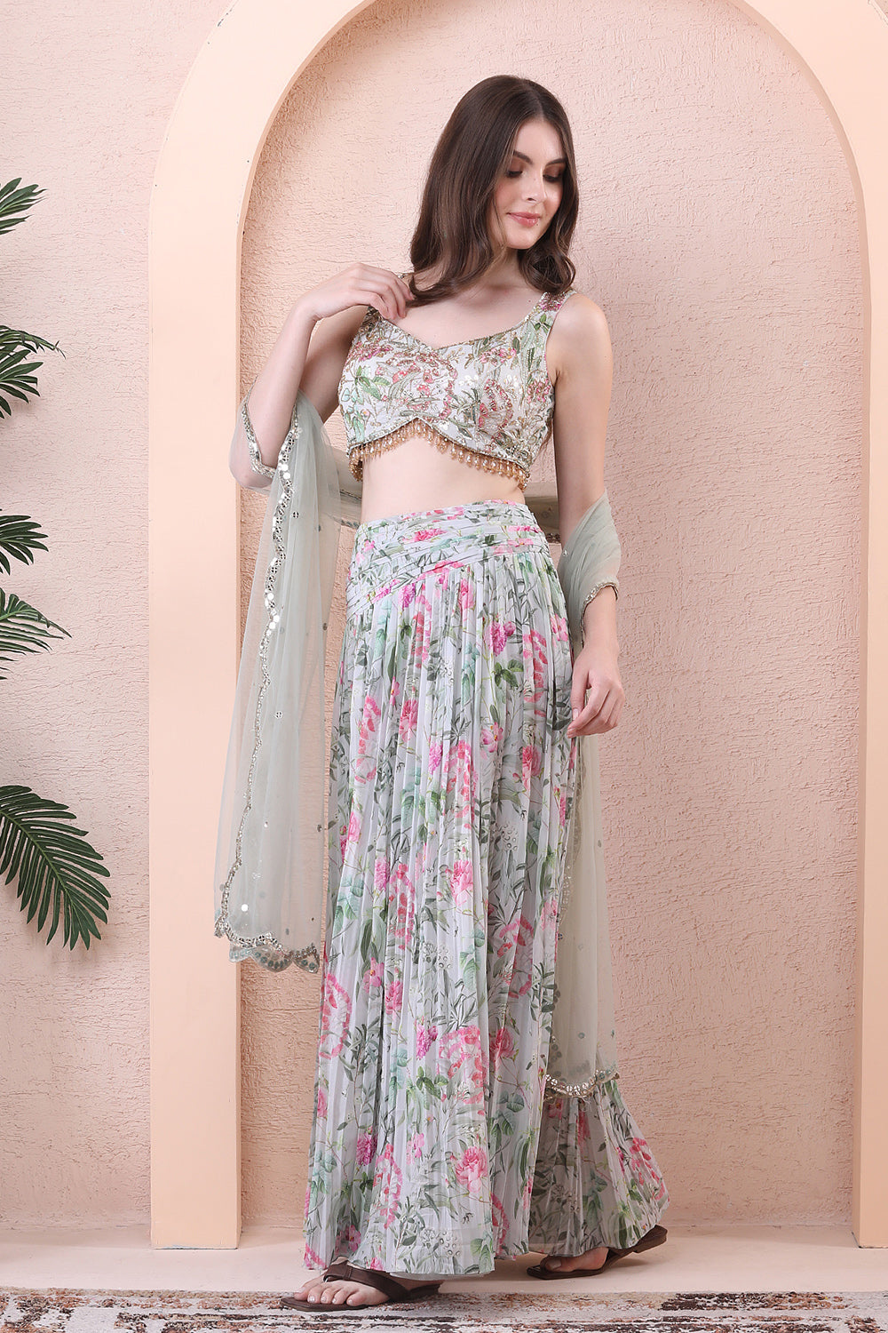 Pistachio Green Printed Pleated Skirt Set