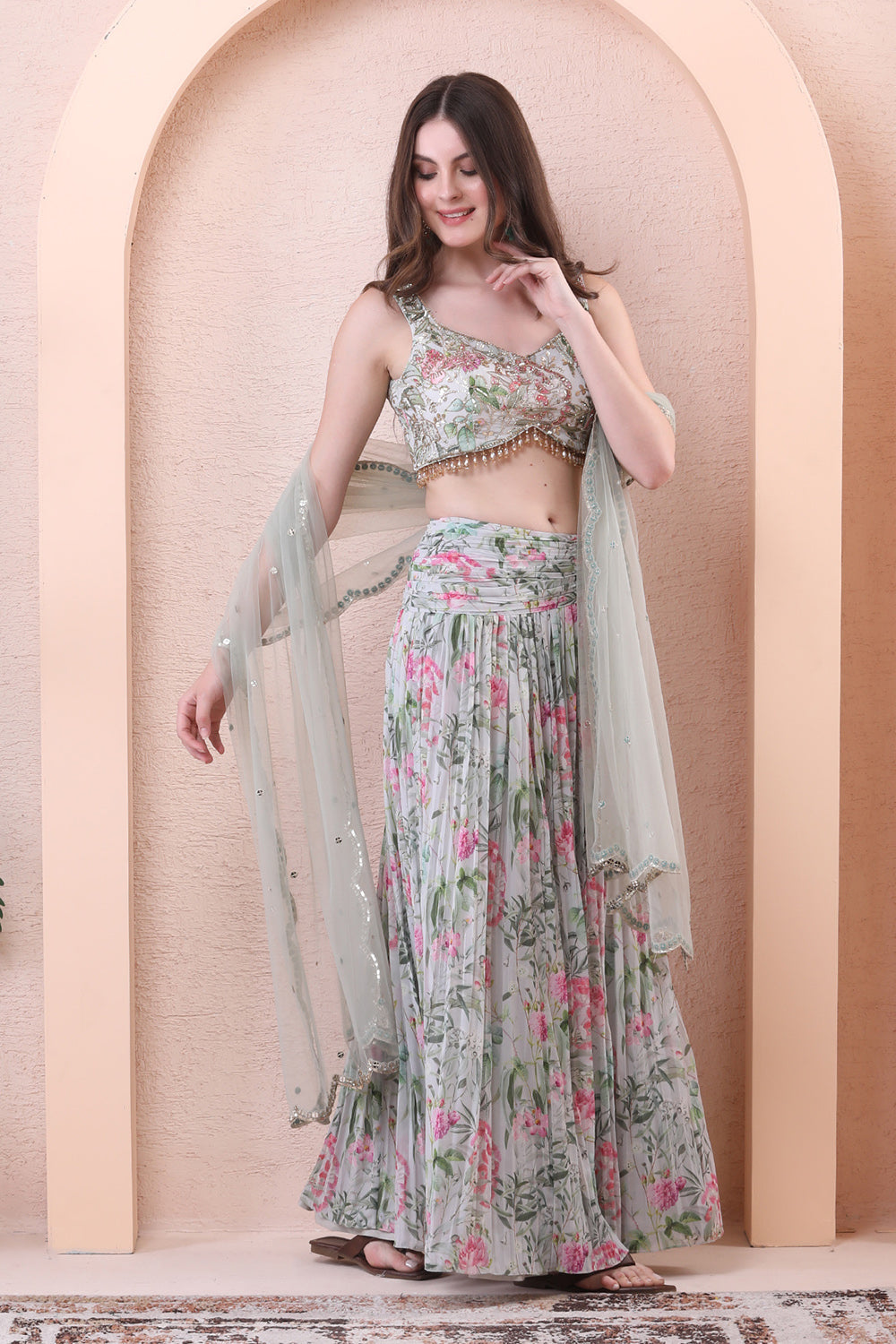Pistachio Green Printed Pleated Skirt Set