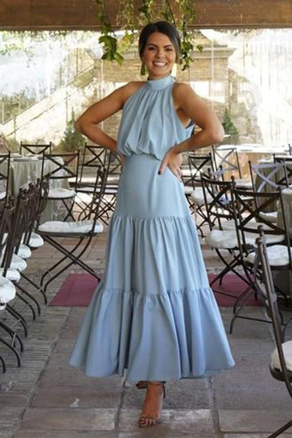 Powder Blue Banana Crepe Halter Neck Tiered Summer Dress