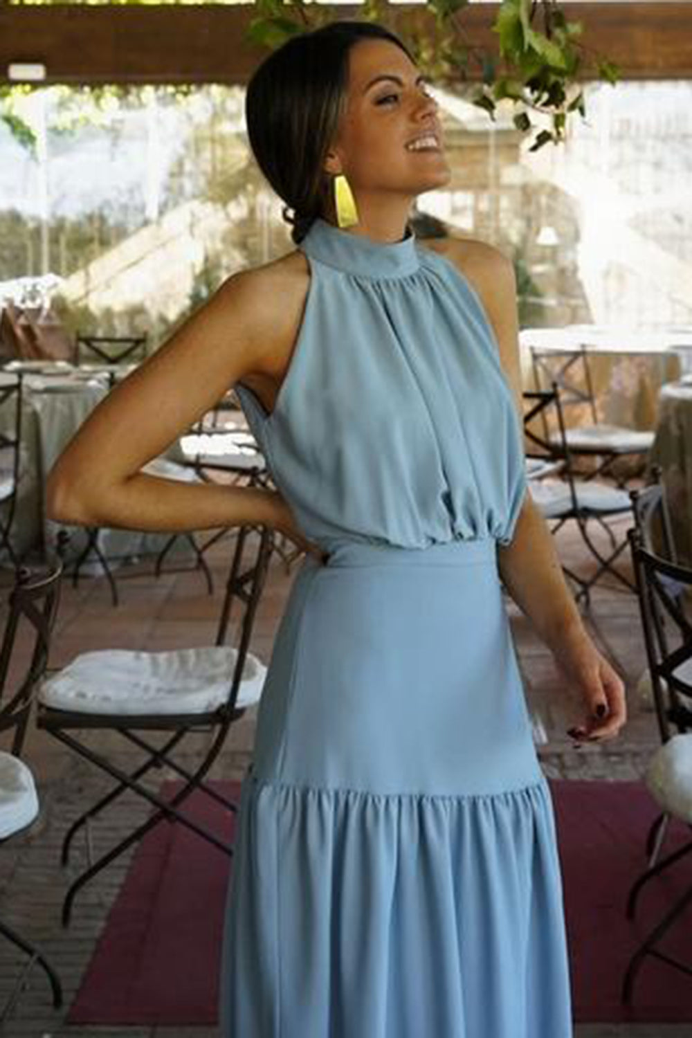 Powder Blue Banana Crepe Halter Neck Tiered Summer Dress