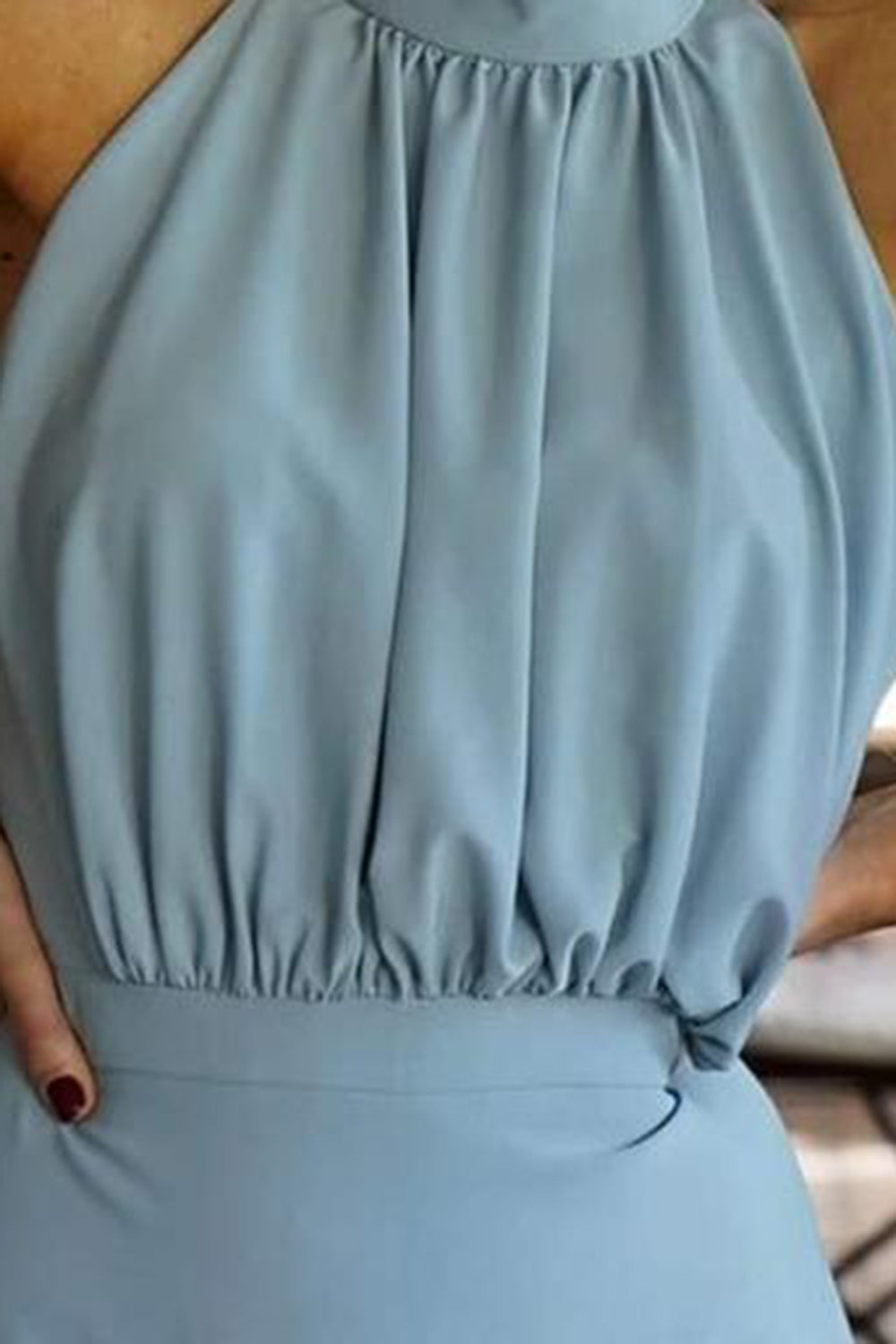 Powder Blue Banana Crepe Halter Neck Tiered Summer Dress