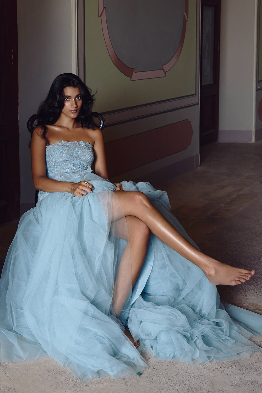 Powder Blue Dori Embroidery Cutwork Tube Peplum Skirt Set