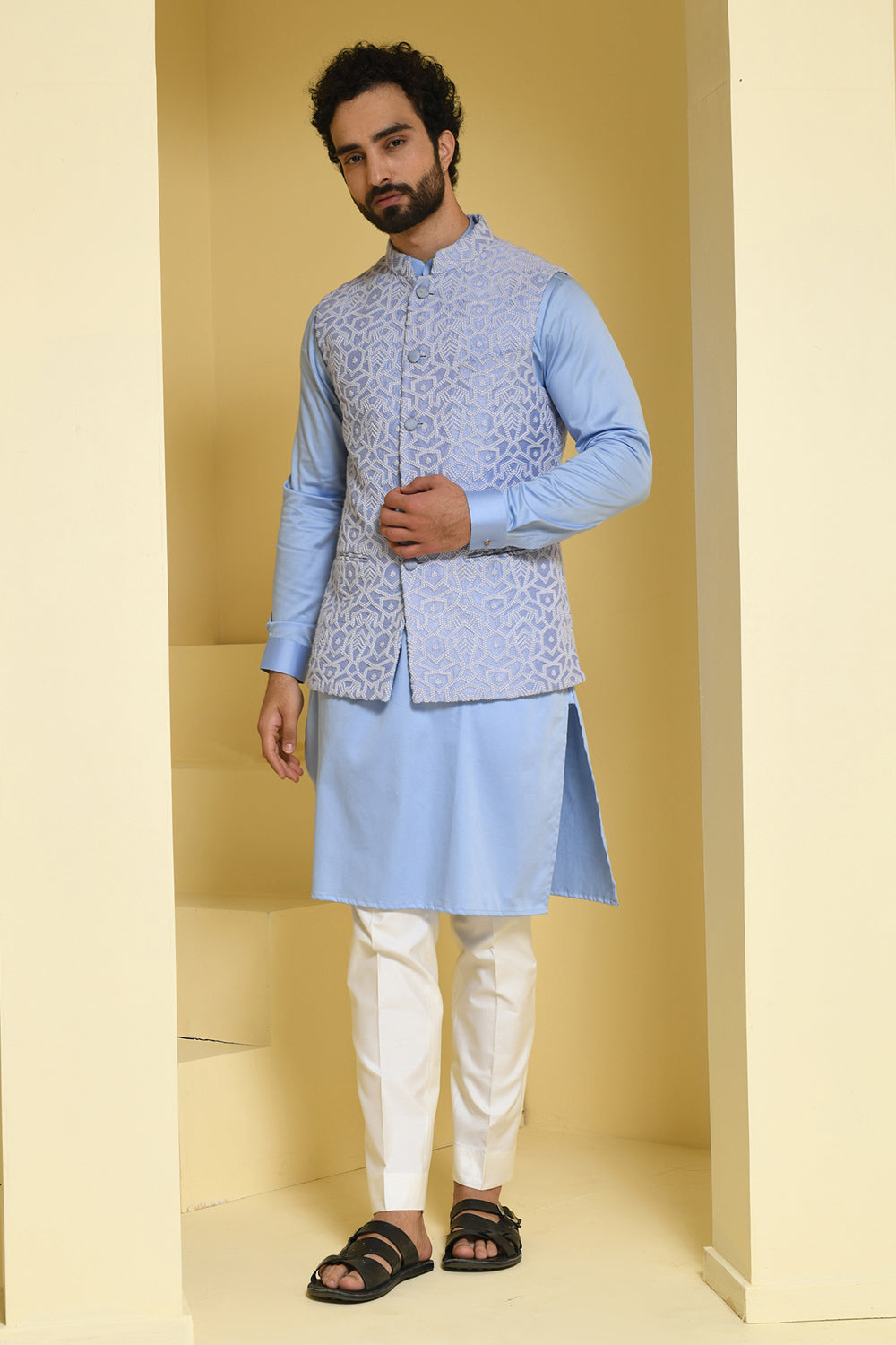 Powder blue Kurta Pants with complimenting silk jacket