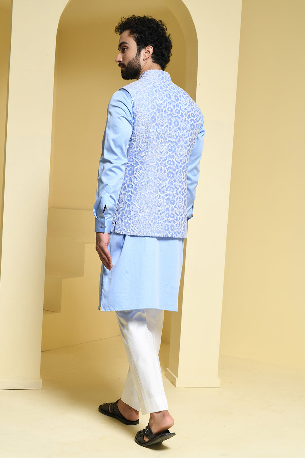 Powder blue Kurta Pants with complimenting silk jacket