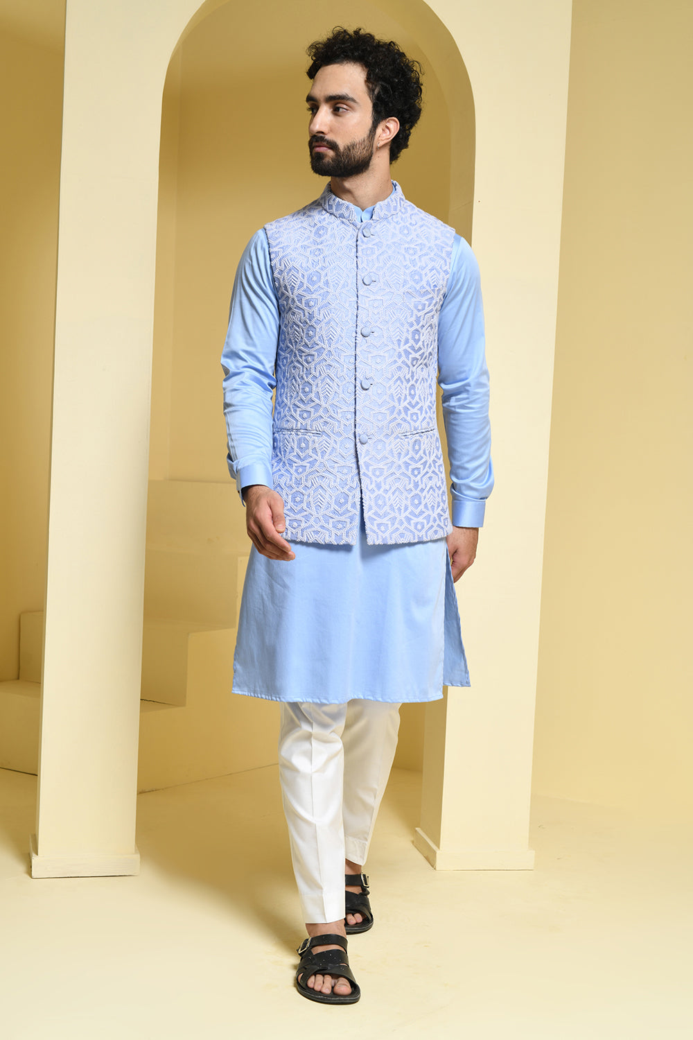 Powder blue Kurta Pants with complimenting silk jacket