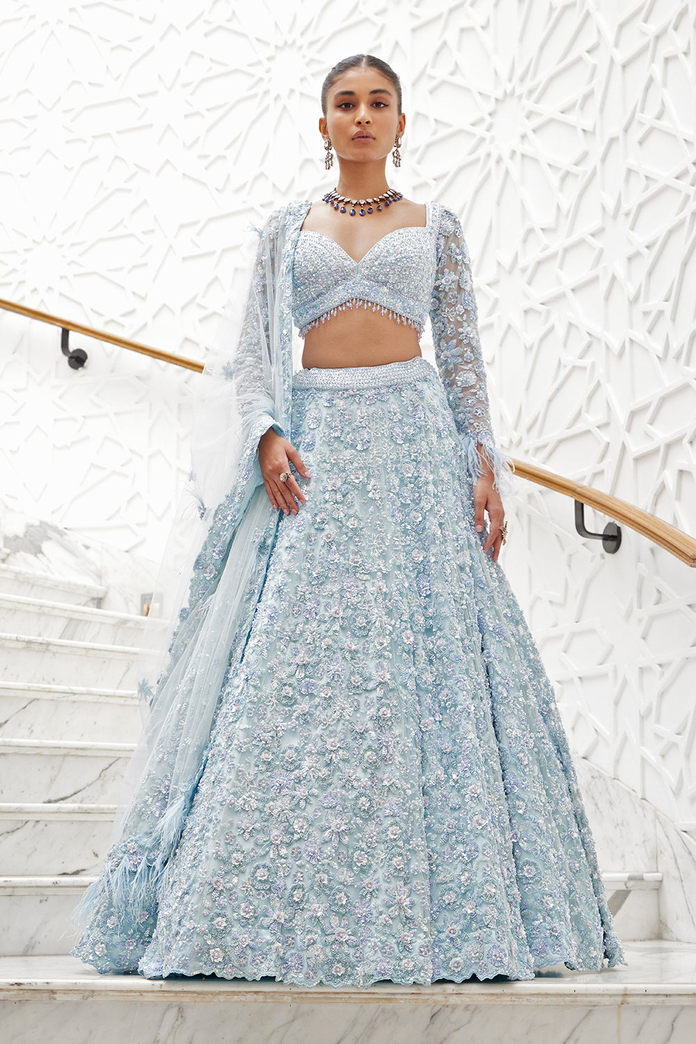 Powder Blue Net Lehenga Choli Dupatta Set