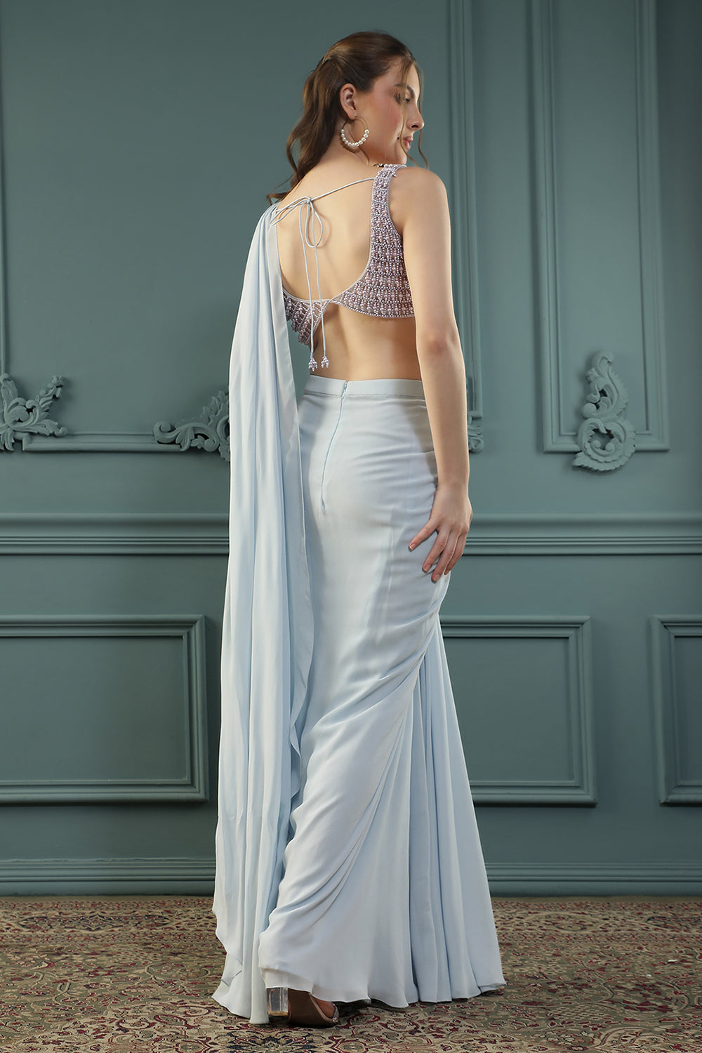 Powder Blue Pearl Pre-Drape Saree
