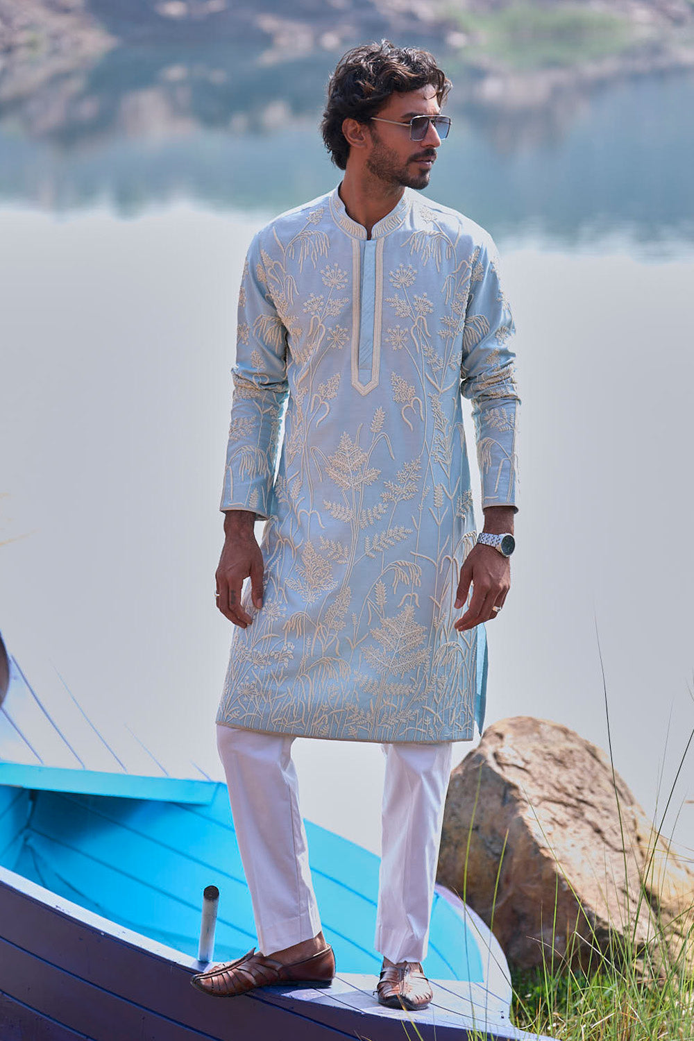 Powder Blue Tropical Nature Pearl Embroidery Kurta Set
