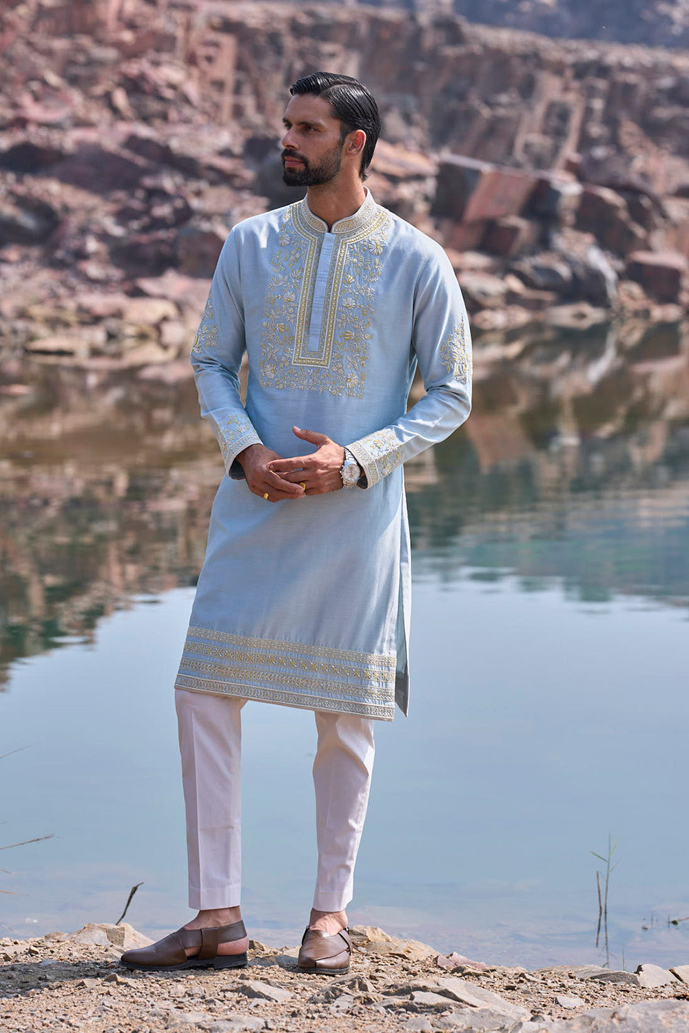 Powder Blue, Yellow Thread Zardozi Magholie Creeper Kurta Set
