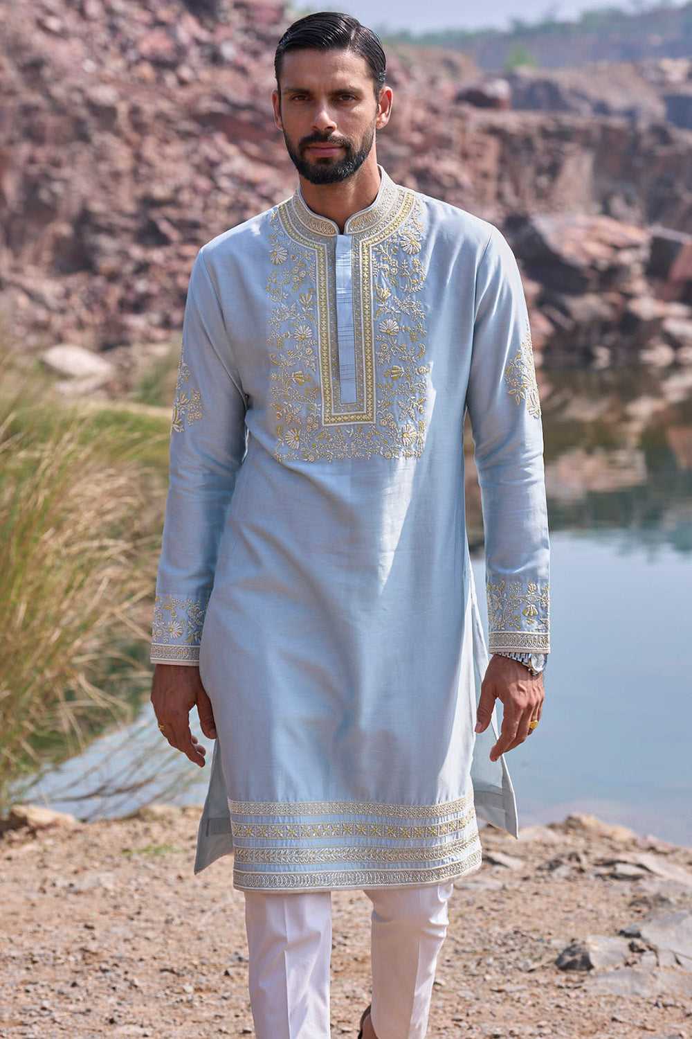 Powder Blue, Yellow Thread Zardozi Magholie Creeper Kurta Set