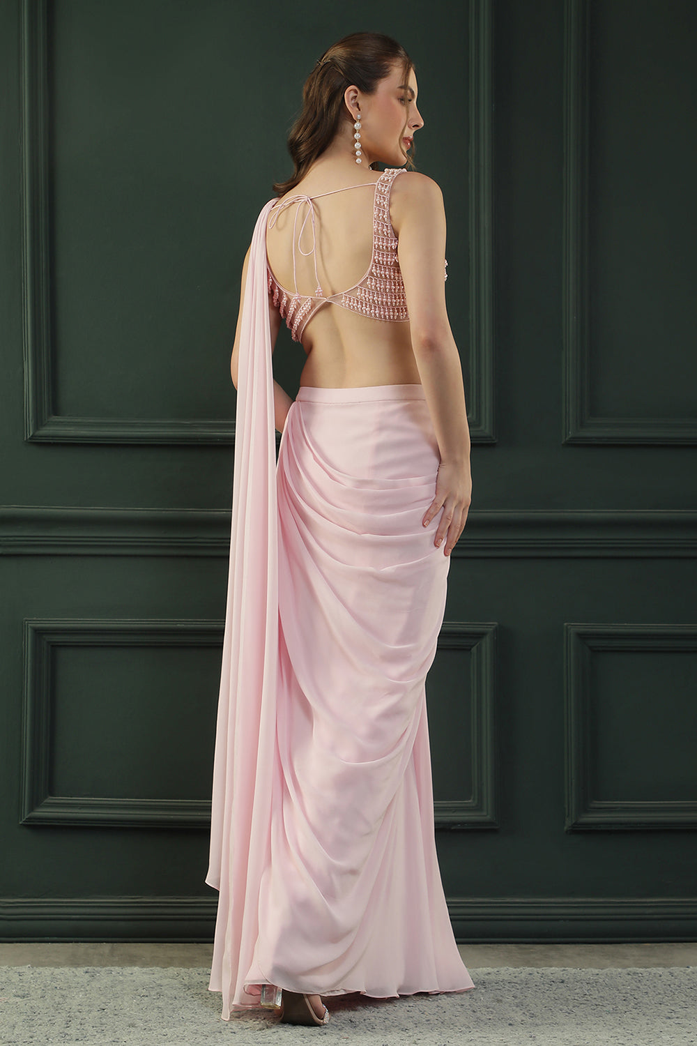 Powder Pink Pearl Pre-drape Saree