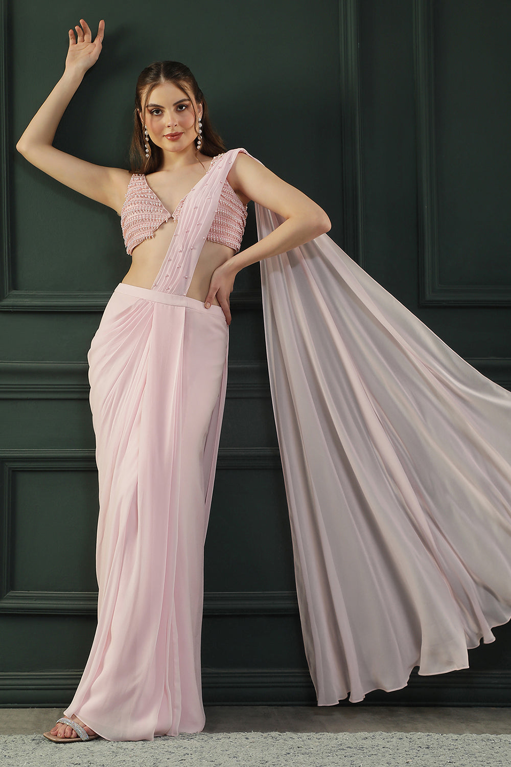 Powder Pink Pearl Pre-drape Saree