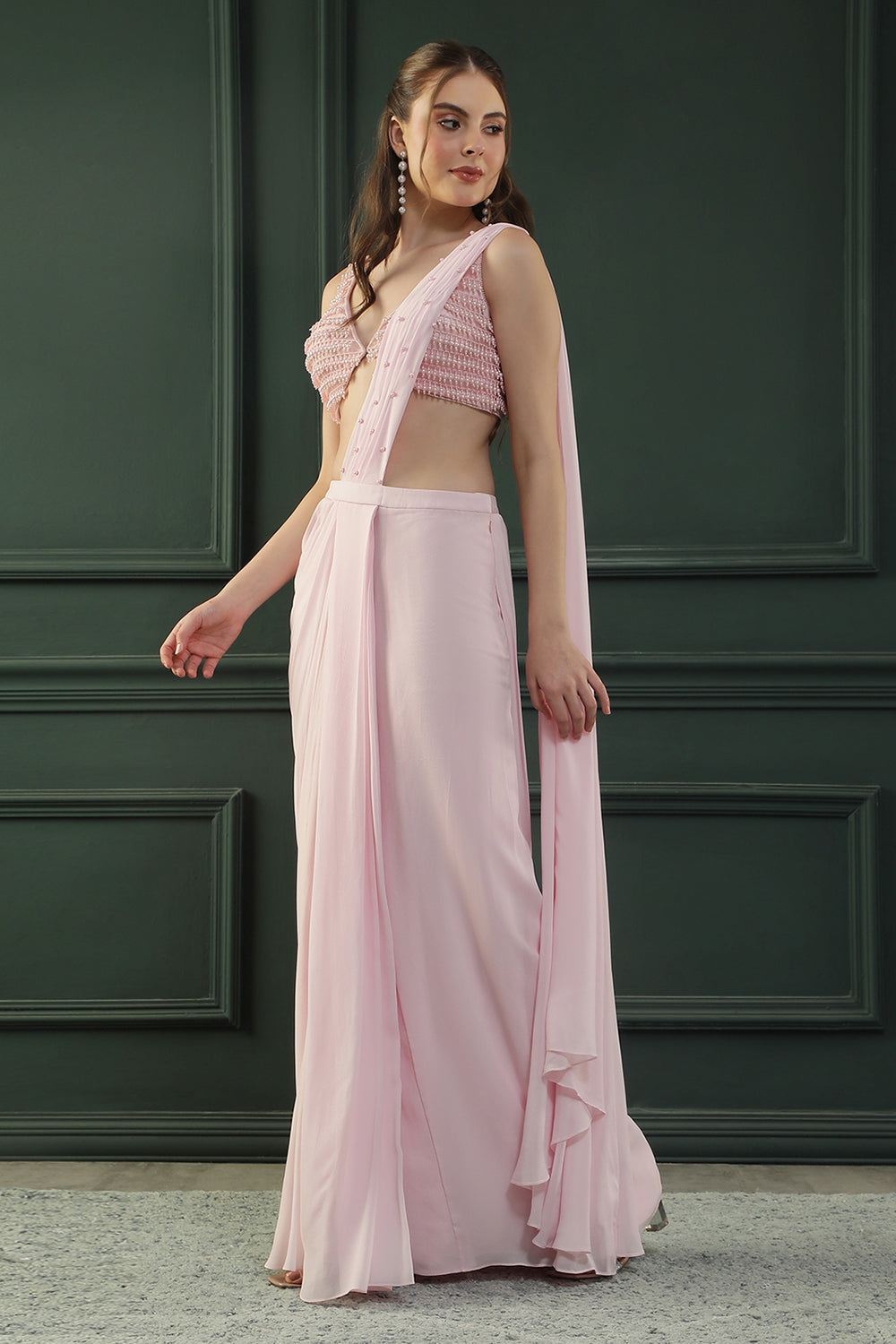 Powder Pink Pearl Pre-drape Saree