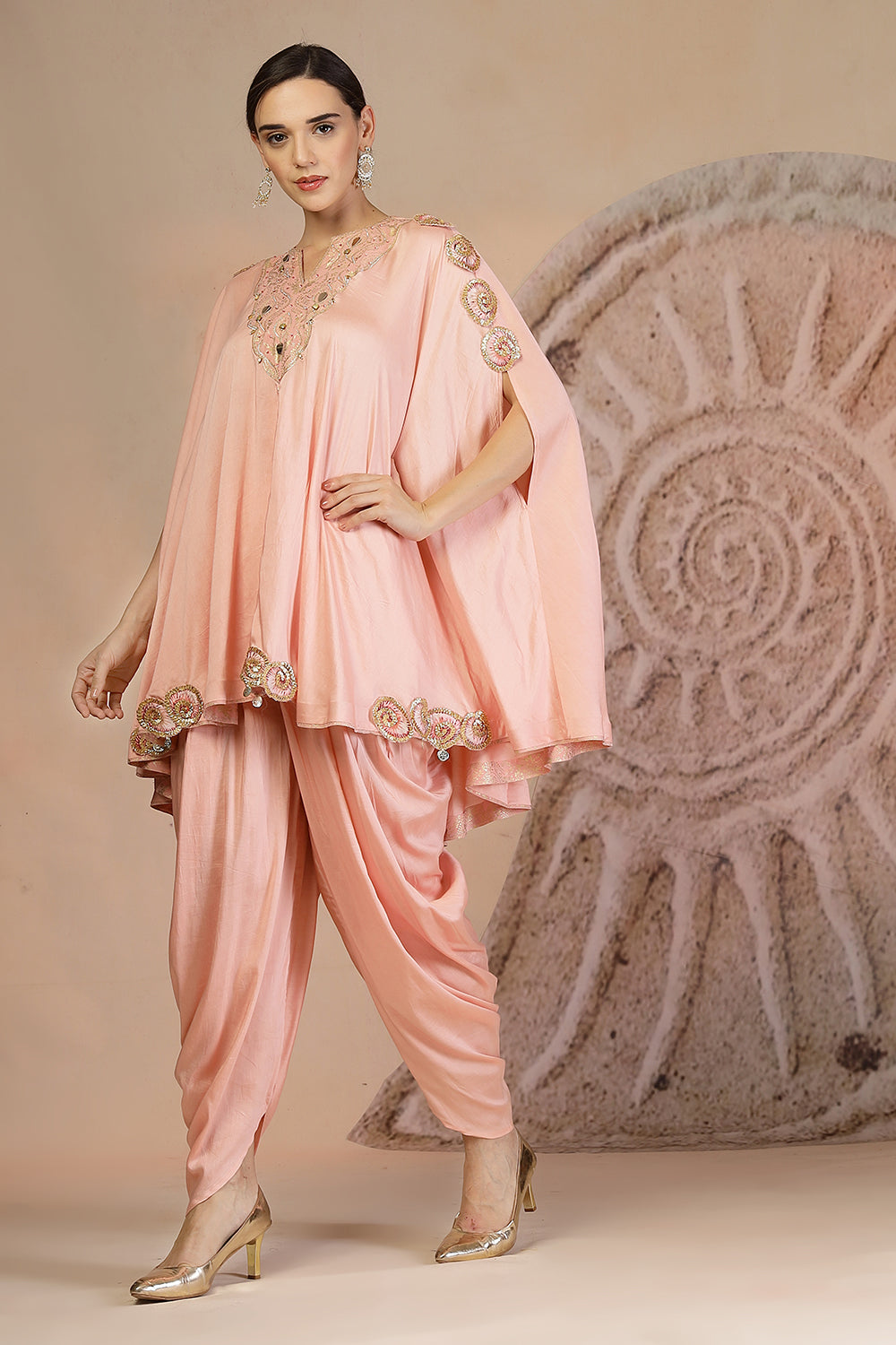 Powder Pink Silk Peplum Kurta Set with Tulip Pants & Leather Detailing