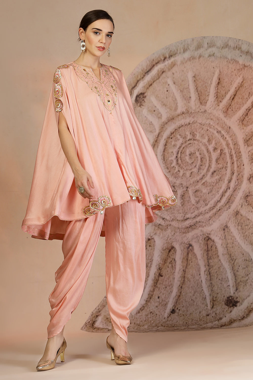 Powder Pink Silk Peplum Kurta Set with Tulip Pants & Leather Detailing
