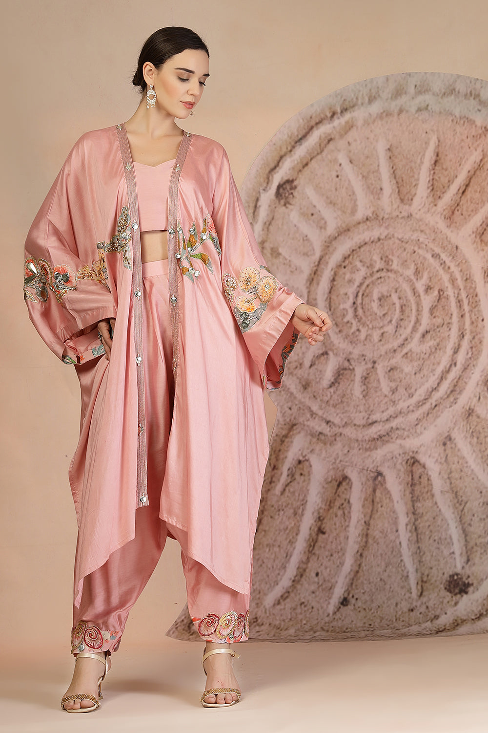 Powder Pink Structured Bustier Set with Embroidered Cape & Farshi Pants