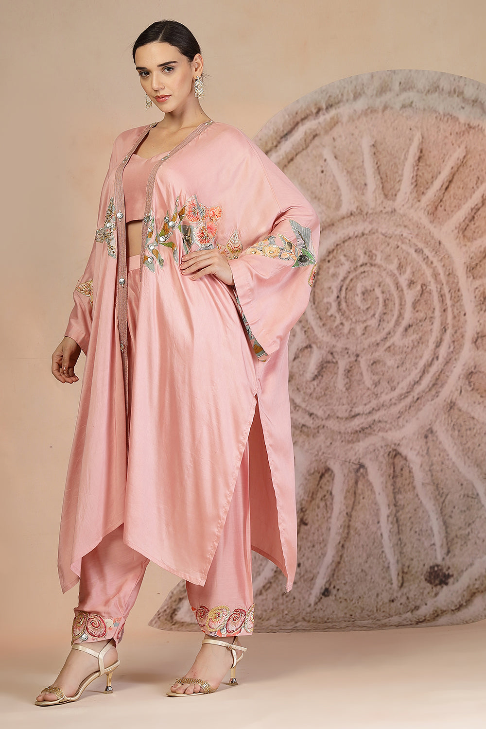Powder Pink Structured Bustier Set with Embroidered Cape & Farshi Pants