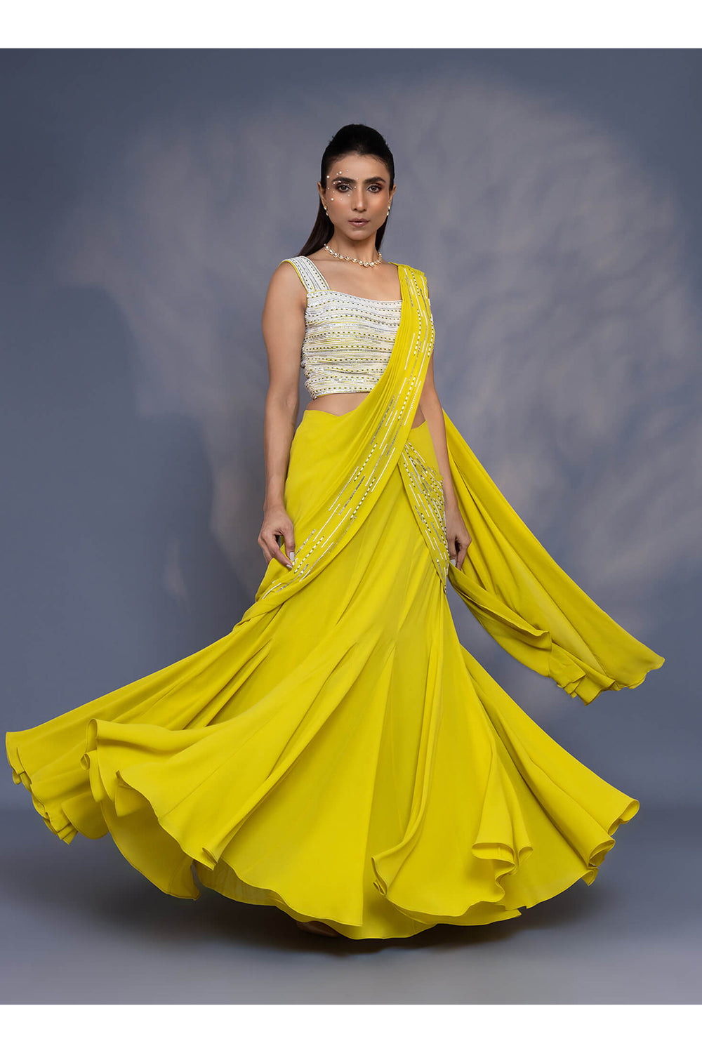 Pre Draped Kali Saree with Embroidered Blouse