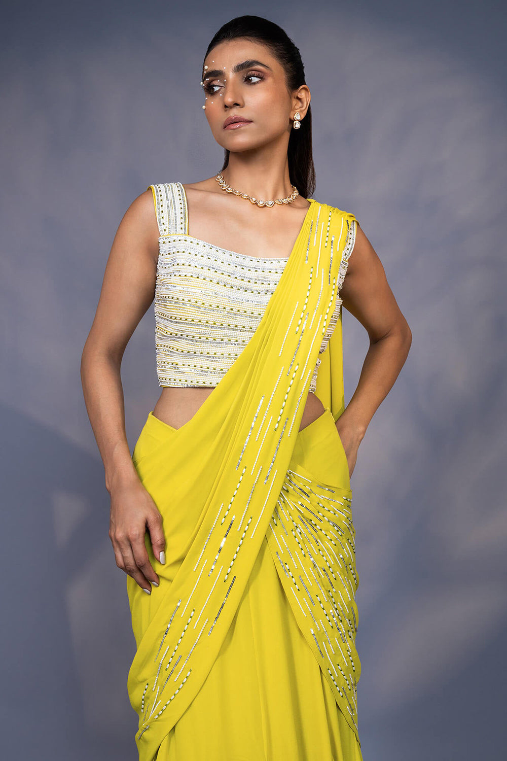 Pre Draped Kali Saree with Embroidered Blouse