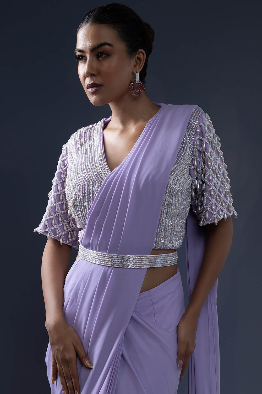 Pre Draped Saree with Embroidered Belt and Blouse