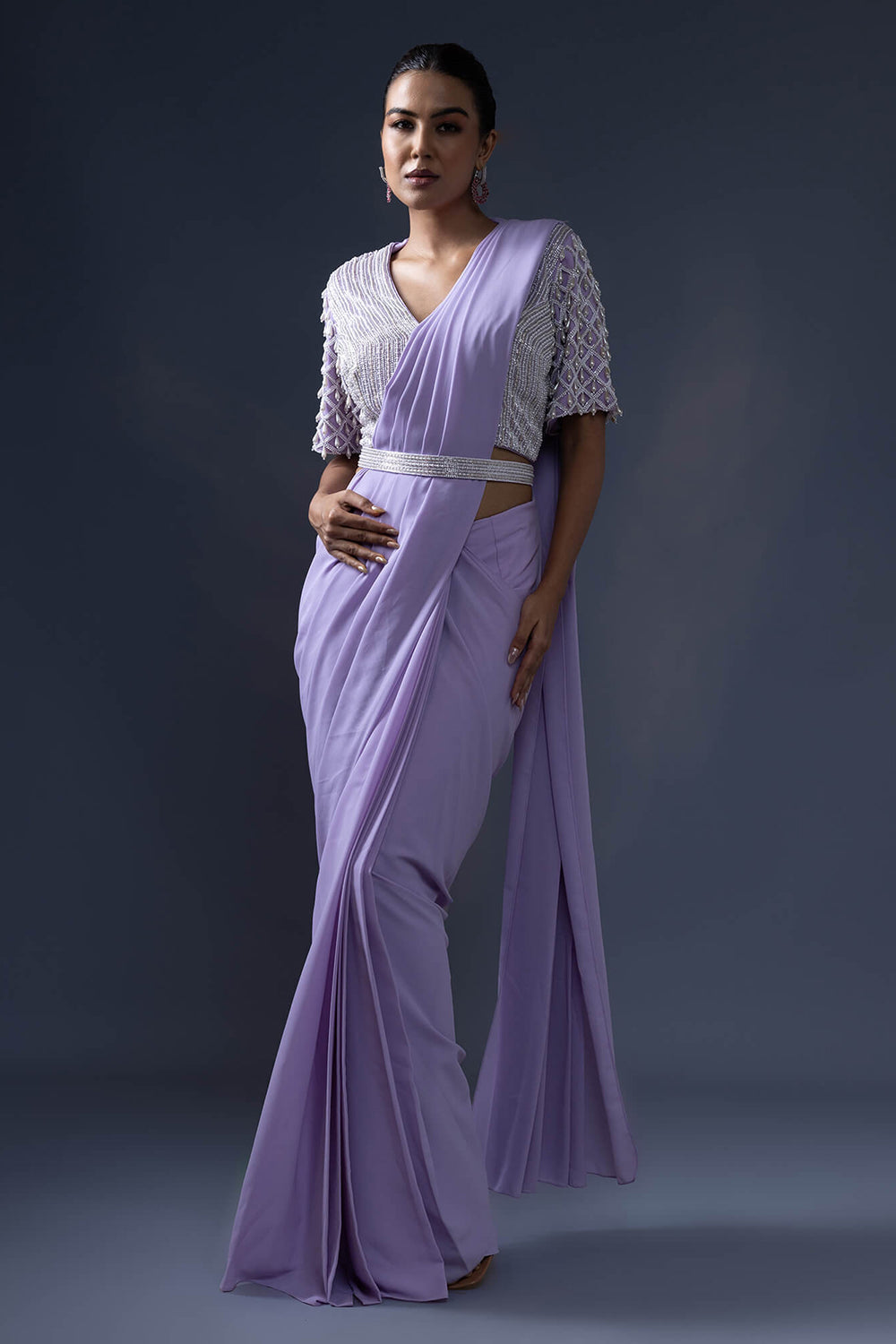 Pre Draped Saree with Embroidered Belt and Blouse