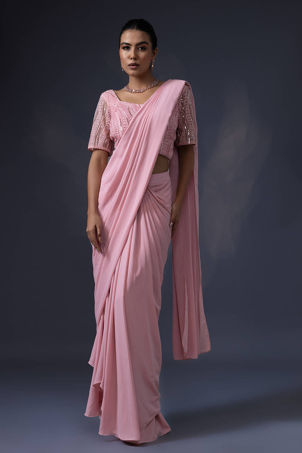 Pre Draped Saree with Embroidered Blouse