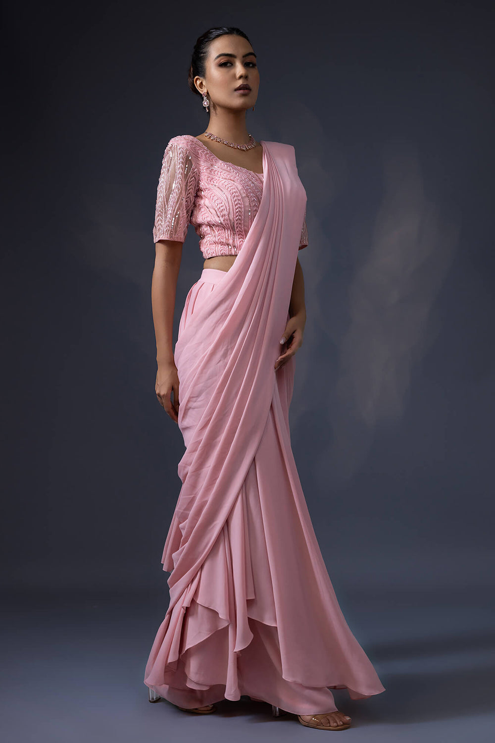 Pre Draped Saree with Embroidered Blouse