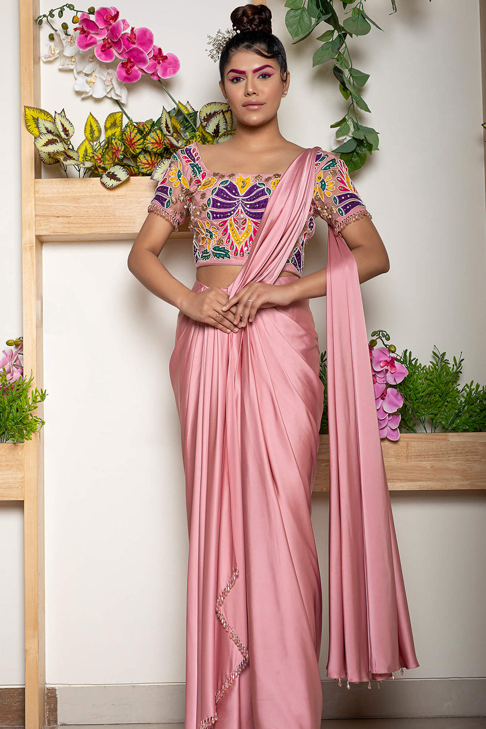 Pre Stitched Saree with Waterfall Pleats and Embroidered Blouse